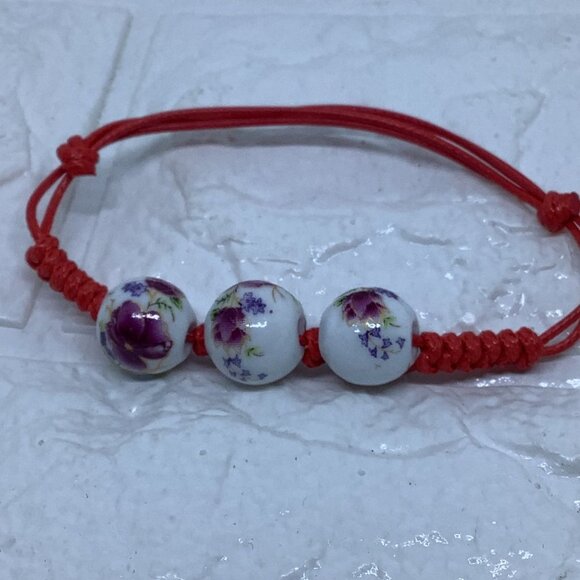 Floral Beads Bracelet Adjustable Women’s Red - Picture 2 of 4